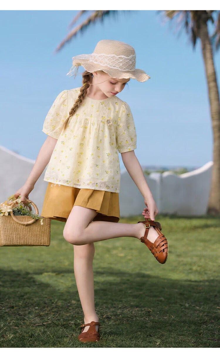 CHANZUIGOU Girls' Glutinous Yellow Floral Print Short Sleeve Top 2026 Summer New Stylish Versatile Shirt 21